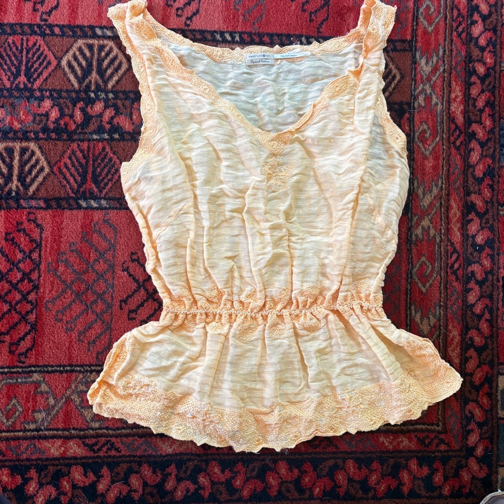 Max Studio Special Edition Silk Linen Peach Lace Trim Tank Top